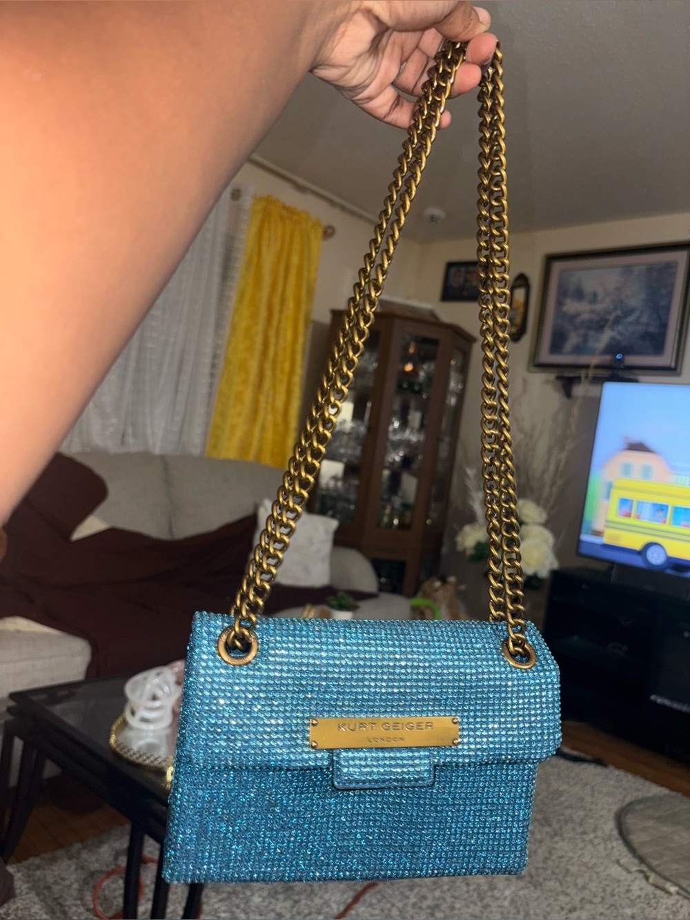 Kurt Geiger Teal Crystal Crossbody with Gold Chain